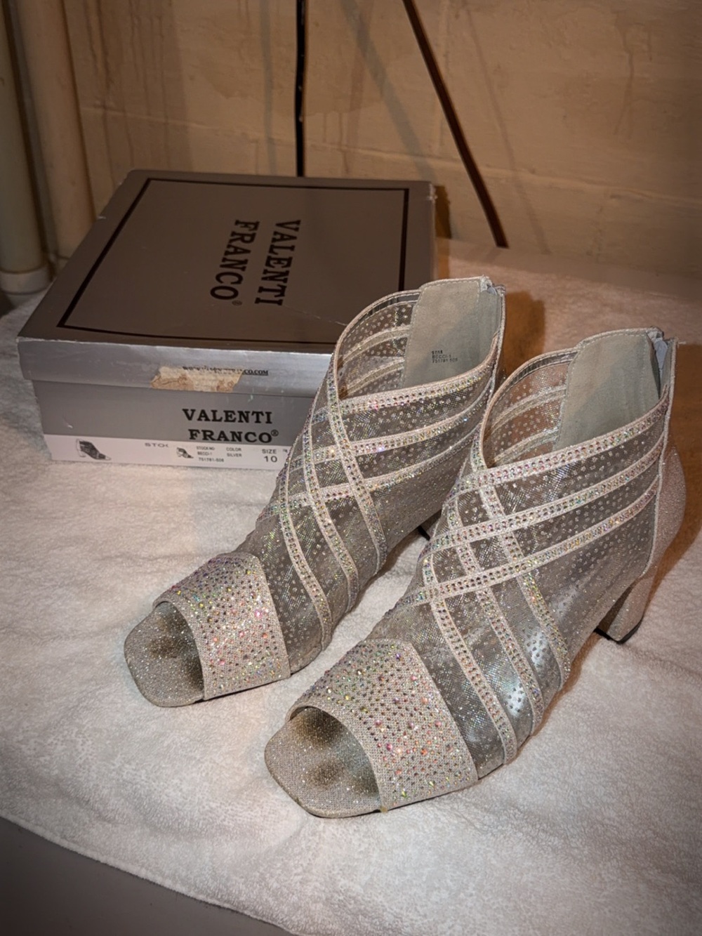 Valenti Franco Silver Rhinestone Strappy Peep-Toe Heels